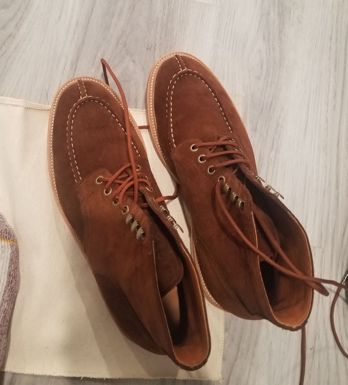Photo by InfernalJusticator on January 10, 2024 of the Grant Stone Ottawa Boot in C.F. Stead Bourbon Repello Calf Suede.