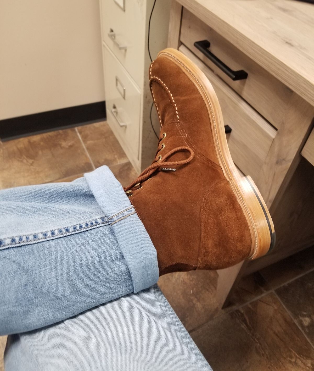 Photo by InfernalJusticator on April 15, 2024 of the Grant Stone Ottawa Boot in C.F. Stead Bourbon Repello Calf Suede.