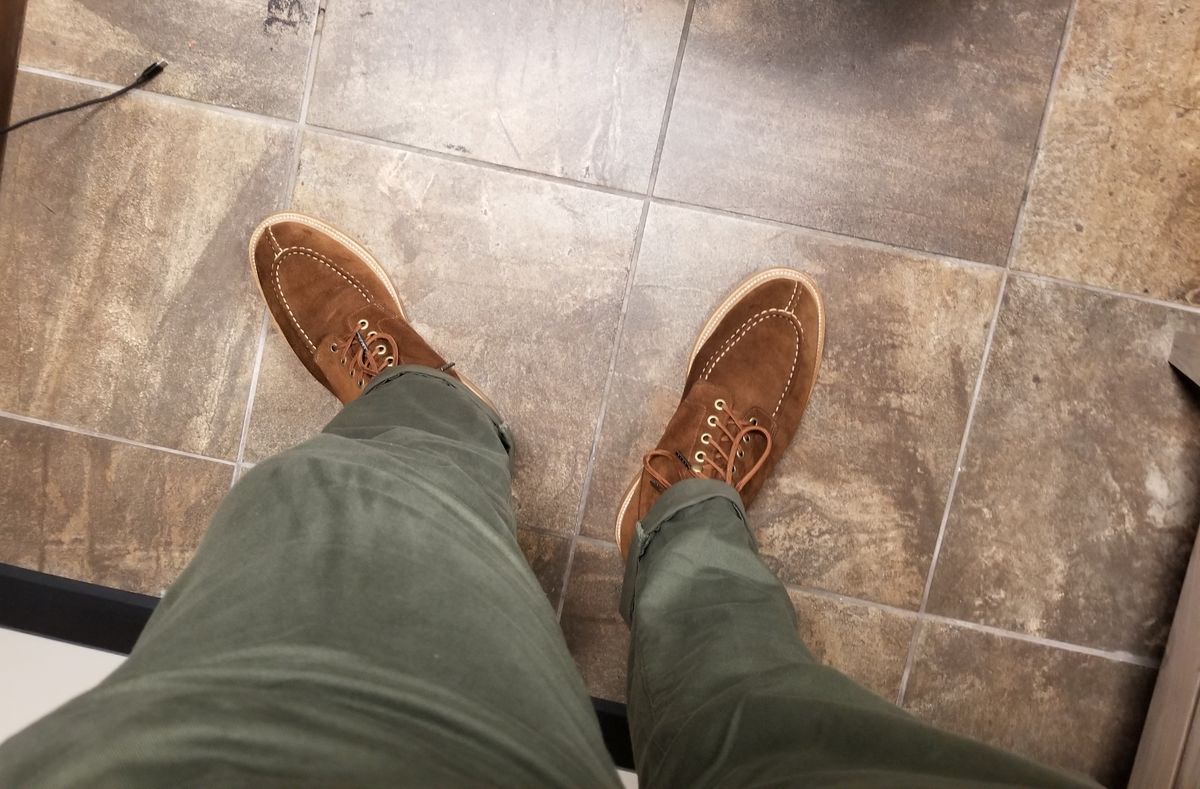 Photo by InfernalJusticator on April 17, 2024 of the Grant Stone Ottawa Boot in C.F. Stead Bourbon Repello Calf Suede.