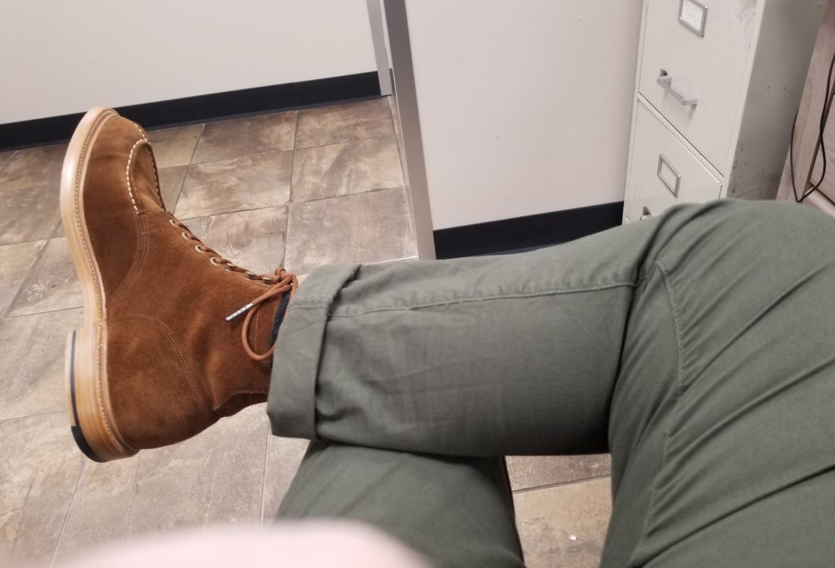 Photo by InfernalJusticator on April 17, 2024 of the Grant Stone Ottawa Boot in C.F. Stead Bourbon Repello Calf Suede.