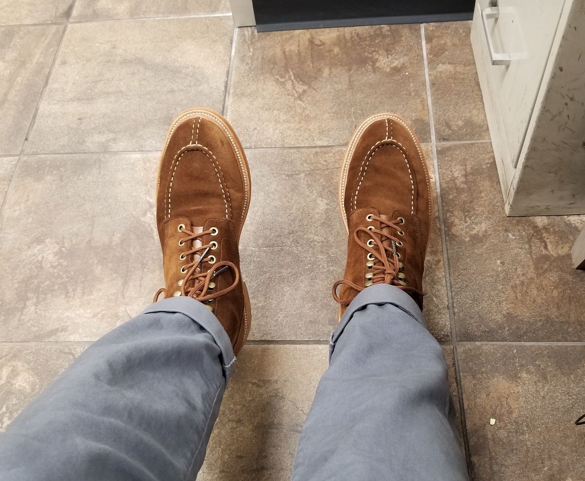 Photo by InfernalJusticator on June 27, 2024 of the Grant Stone Ottawa Boot in C.F. Stead Bourbon Repello Calf Suede.