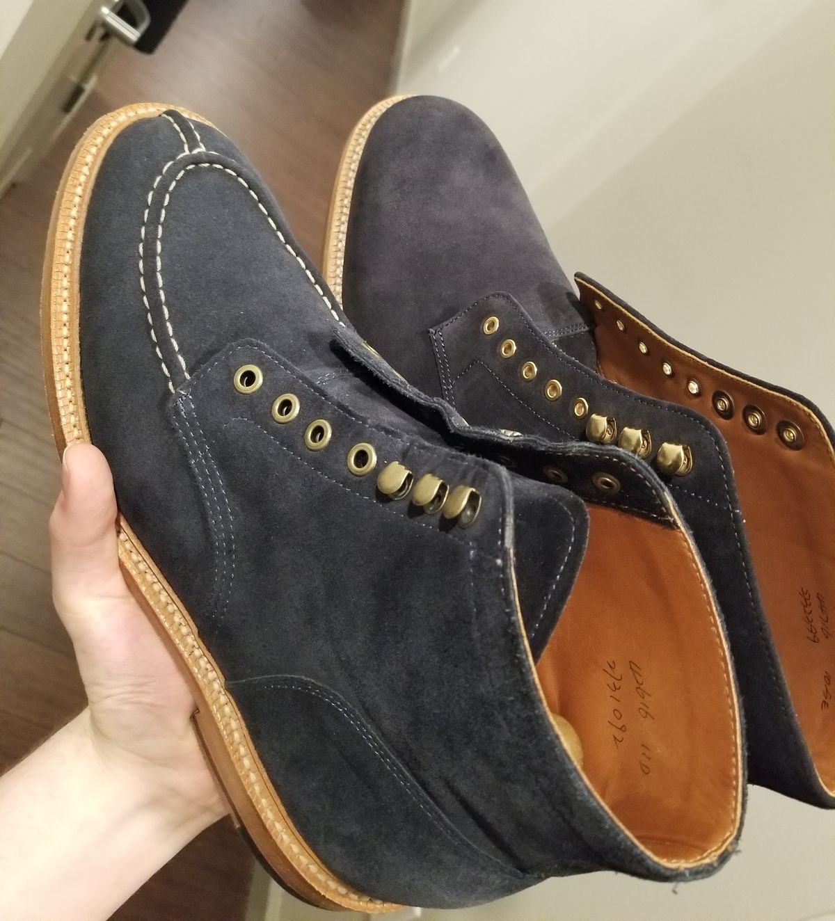 Photo by InfernalJusticator on April 27, 2025 of the Grant Stone Edward Boot in C.F. Stead Midnight Repello Calf Suede.
