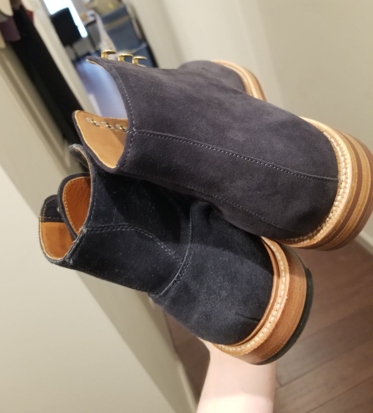 Photo by InfernalJusticator on April 27, 2025 of the Grant Stone Edward Boot in C.F. Stead Midnight Repello Calf Suede.