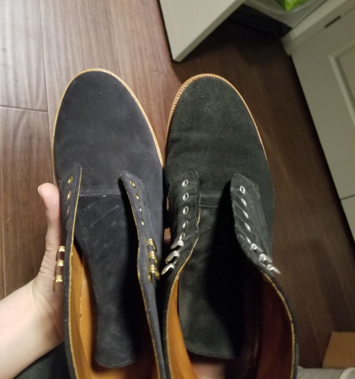 Photo by InfernalJusticator on April 27, 2025 of the Grant Stone Edward Boot in C.F. Stead Midnight Repello Calf Suede.