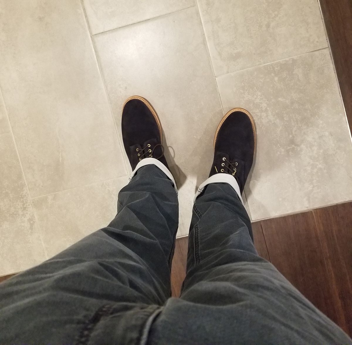 Photo by InfernalJusticator on April 27, 2025 of the Grant Stone Edward Boot in C.F. Stead Midnight Repello Calf Suede.