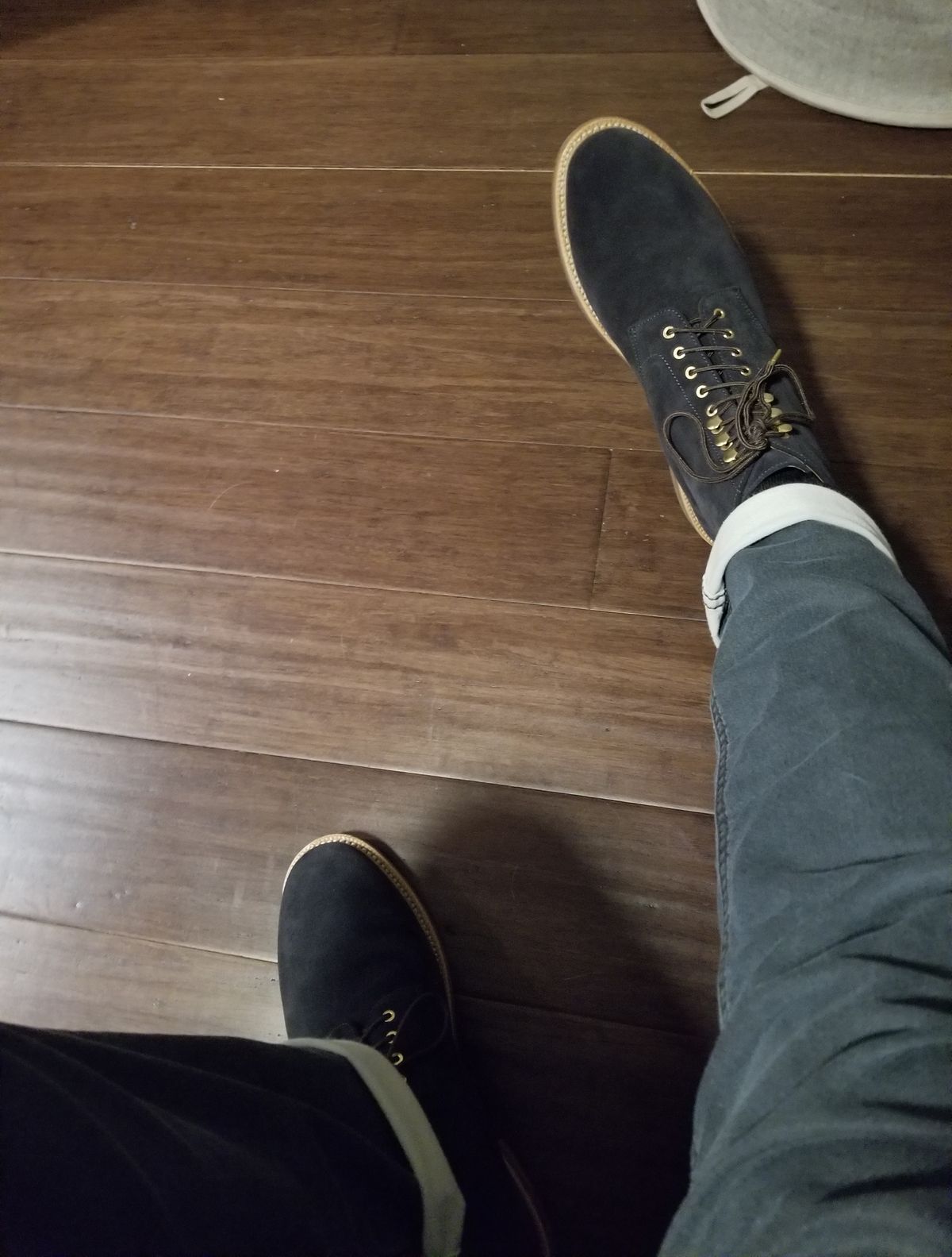 Photo by InfernalJusticator on April 28, 2025 of the Grant Stone Edward Boot in C.F. Stead Midnight Repello Calf Suede.
