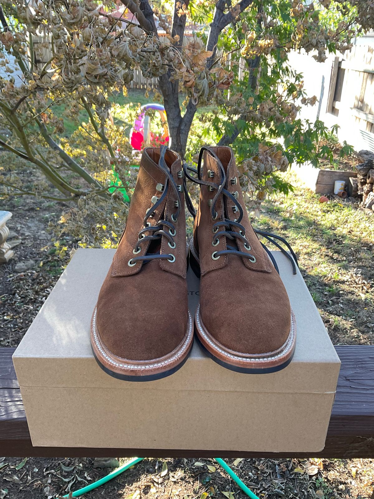 Photo by kenny_trill_kenny on November 1, 2022 of the Grant Stone Diesel Boot in C.F. Stead Bourbon Repello Calf Suede.