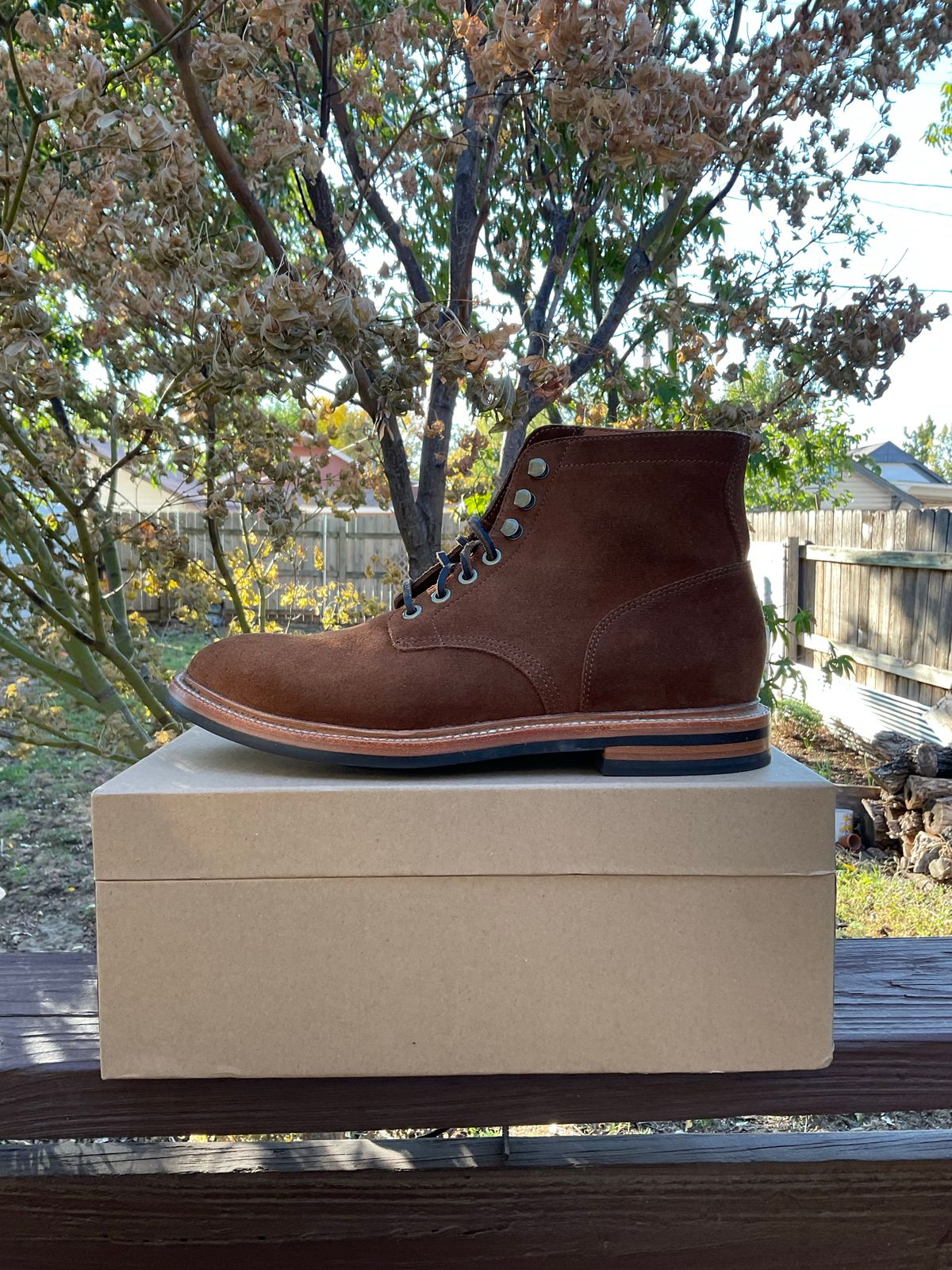 Photo by kenny_trill_kenny on November 1, 2022 of the Grant Stone Diesel Boot in C.F. Stead Bourbon Repello Calf Suede.