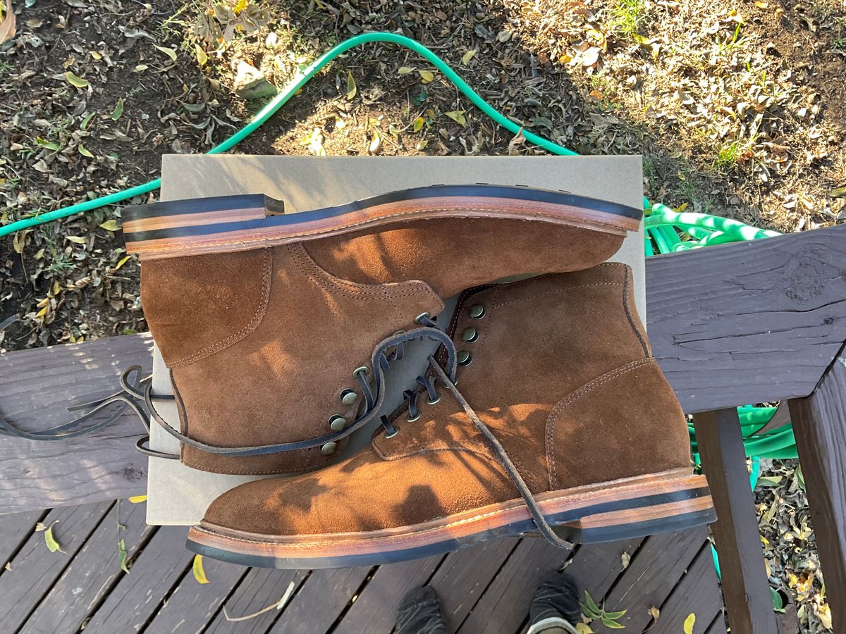 Photo by kenny_trill_kenny on November 1, 2022 of the Grant Stone Diesel Boot in C.F. Stead Bourbon Repello Calf Suede.