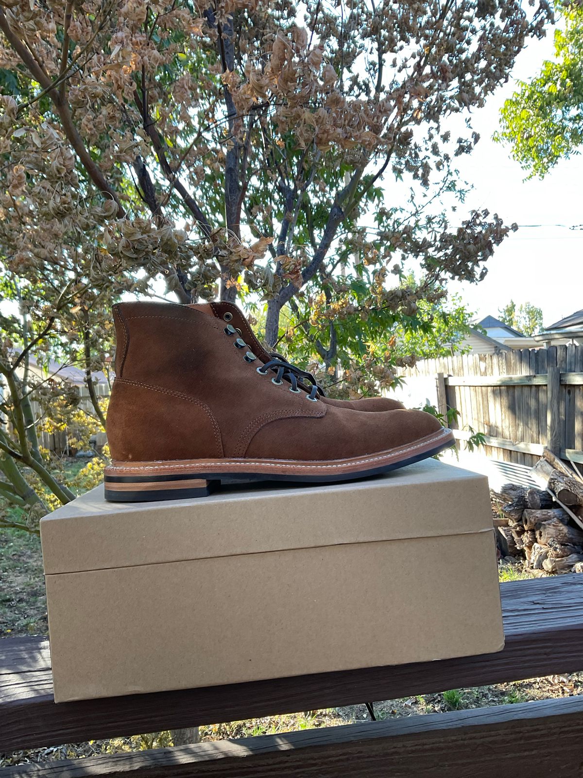Photo by kenny_trill_kenny on November 1, 2022 of the Grant Stone Diesel Boot in C.F. Stead Bourbon Repello Calf Suede.