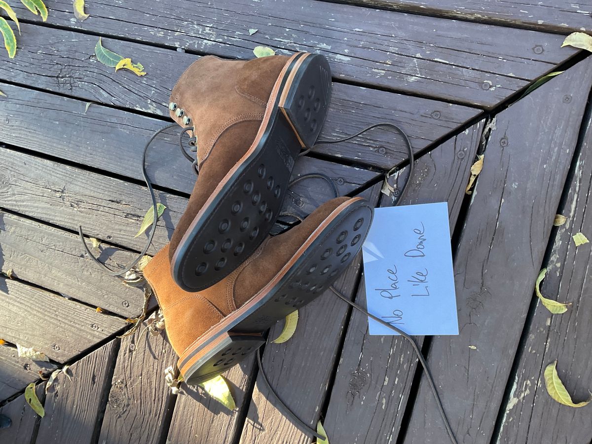 Photo by kenny_trill_kenny on November 1, 2022 of the Grant Stone Diesel Boot in C.F. Stead Bourbon Repello Calf Suede.