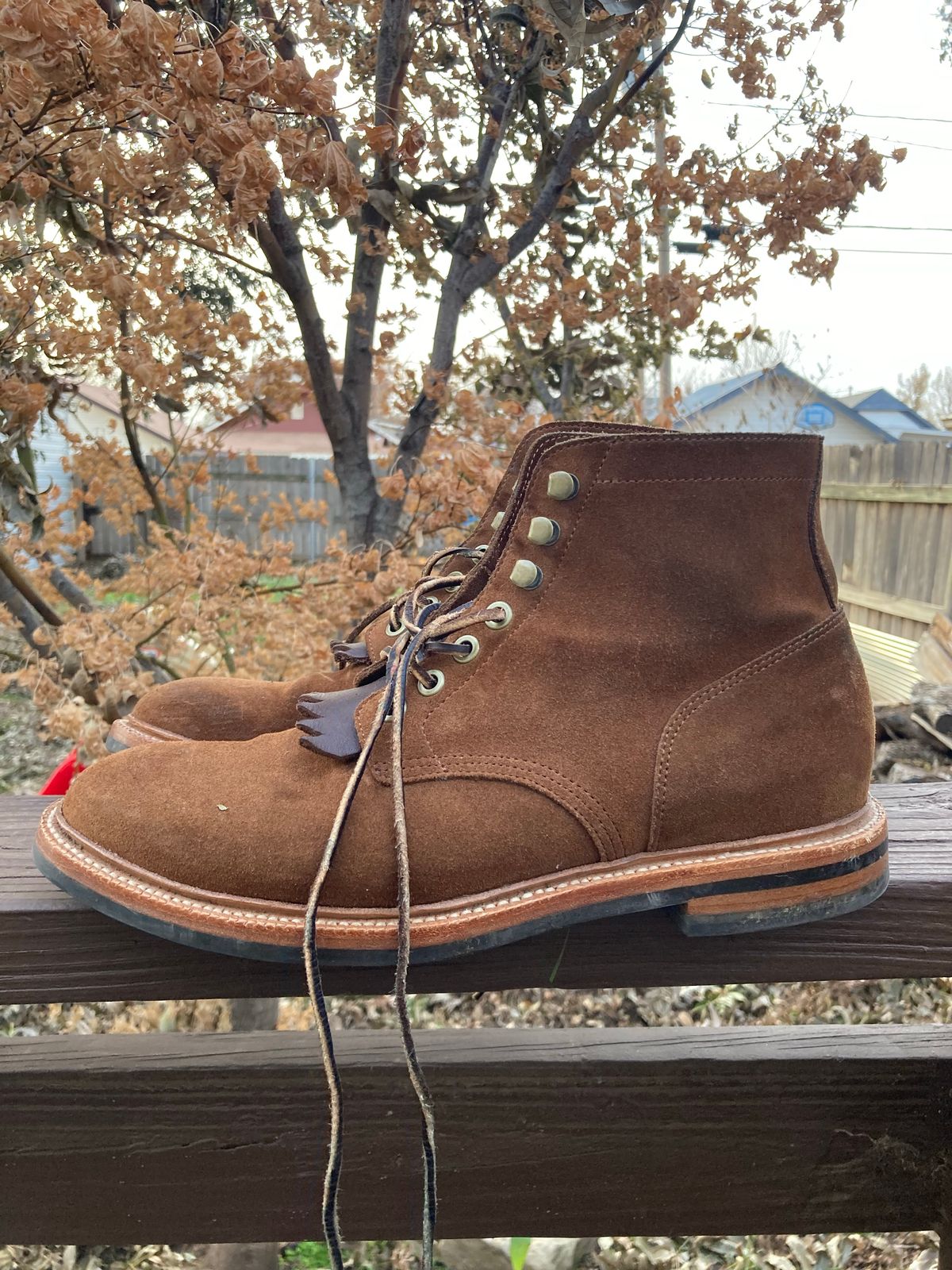 Photo by kenny_trill_kenny on December 3, 2022 of the Grant Stone Diesel Boot in C.F. Stead Bourbon Repello Calf Suede.
