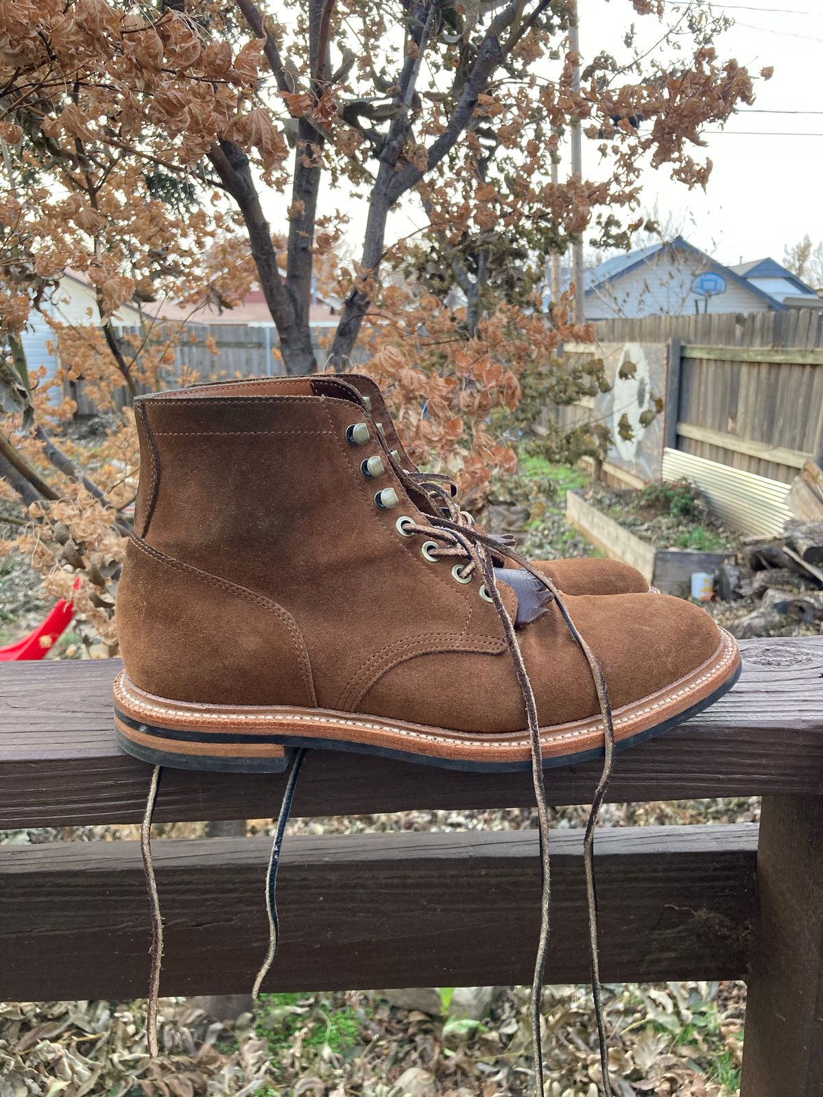 Photo by kenny_trill_kenny on December 3, 2022 of the Grant Stone Diesel Boot in C.F. Stead Bourbon Repello Calf Suede.
