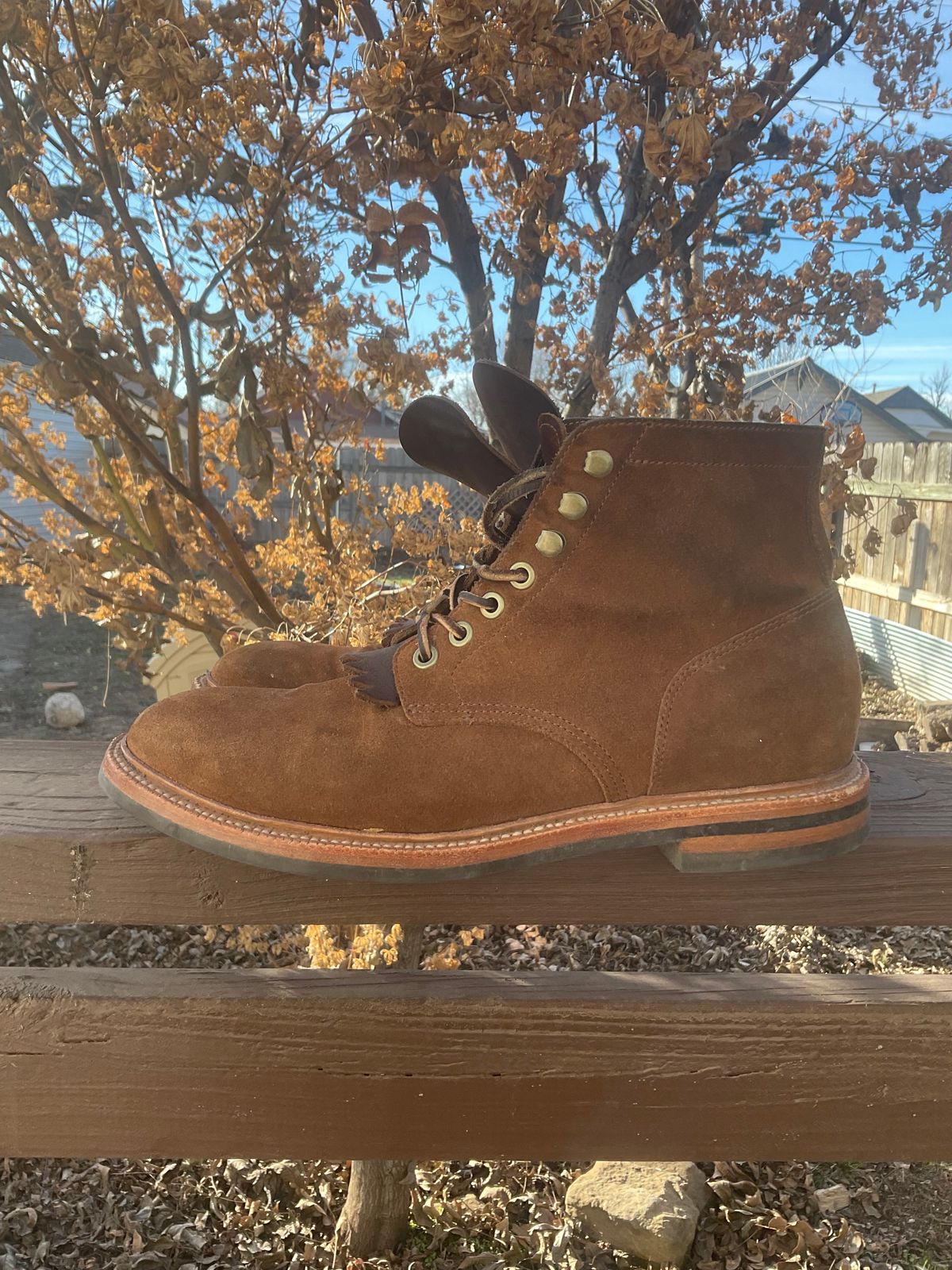 Photo by kenny_trill_kenny on January 1, 2023 of the Grant Stone Diesel Boot in C.F. Stead Bourbon Repello Calf Suede.