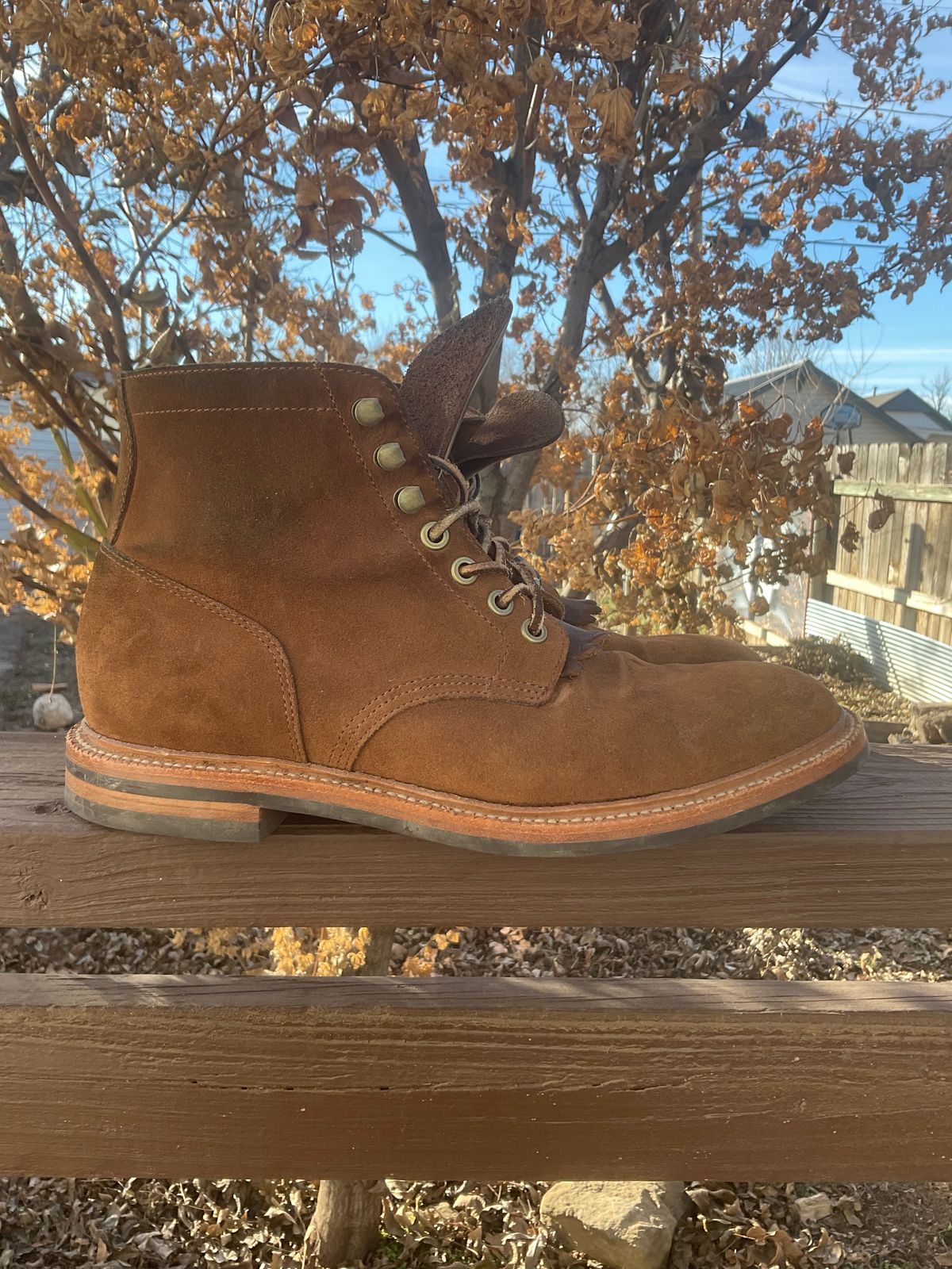 Photo by kenny_trill_kenny on January 1, 2023 of the Grant Stone Diesel Boot in C.F. Stead Bourbon Repello Calf Suede.