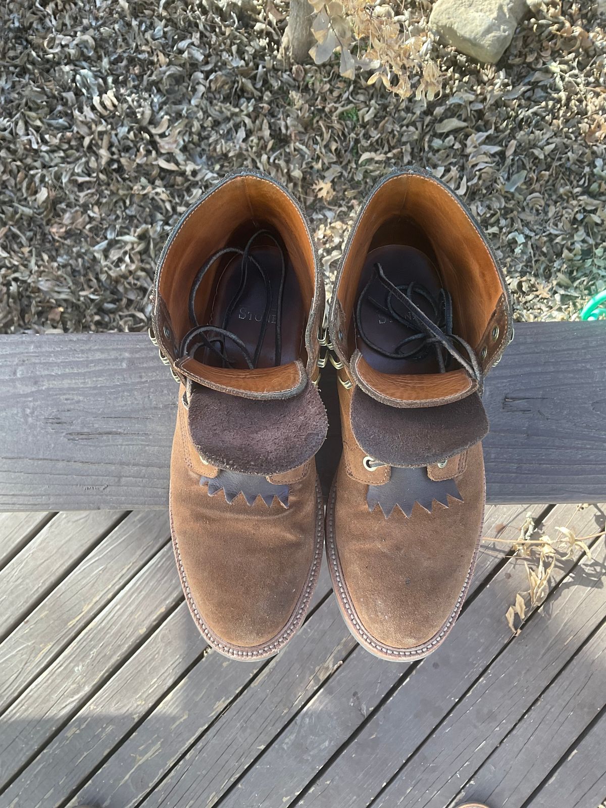 Photo by kenny_trill_kenny on January 1, 2023 of the Grant Stone Diesel Boot in C.F. Stead Bourbon Repello Calf Suede.