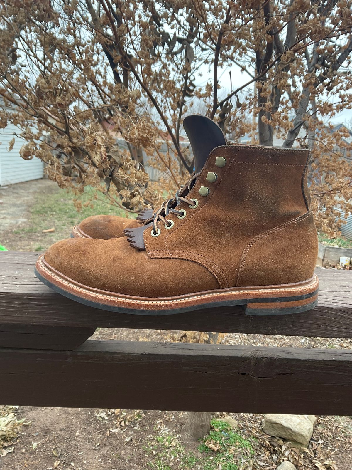 Photo by kenny_trill_kenny on February 2, 2023 of the Grant Stone Diesel Boot in C.F. Stead Bourbon Repello Calf Suede.
