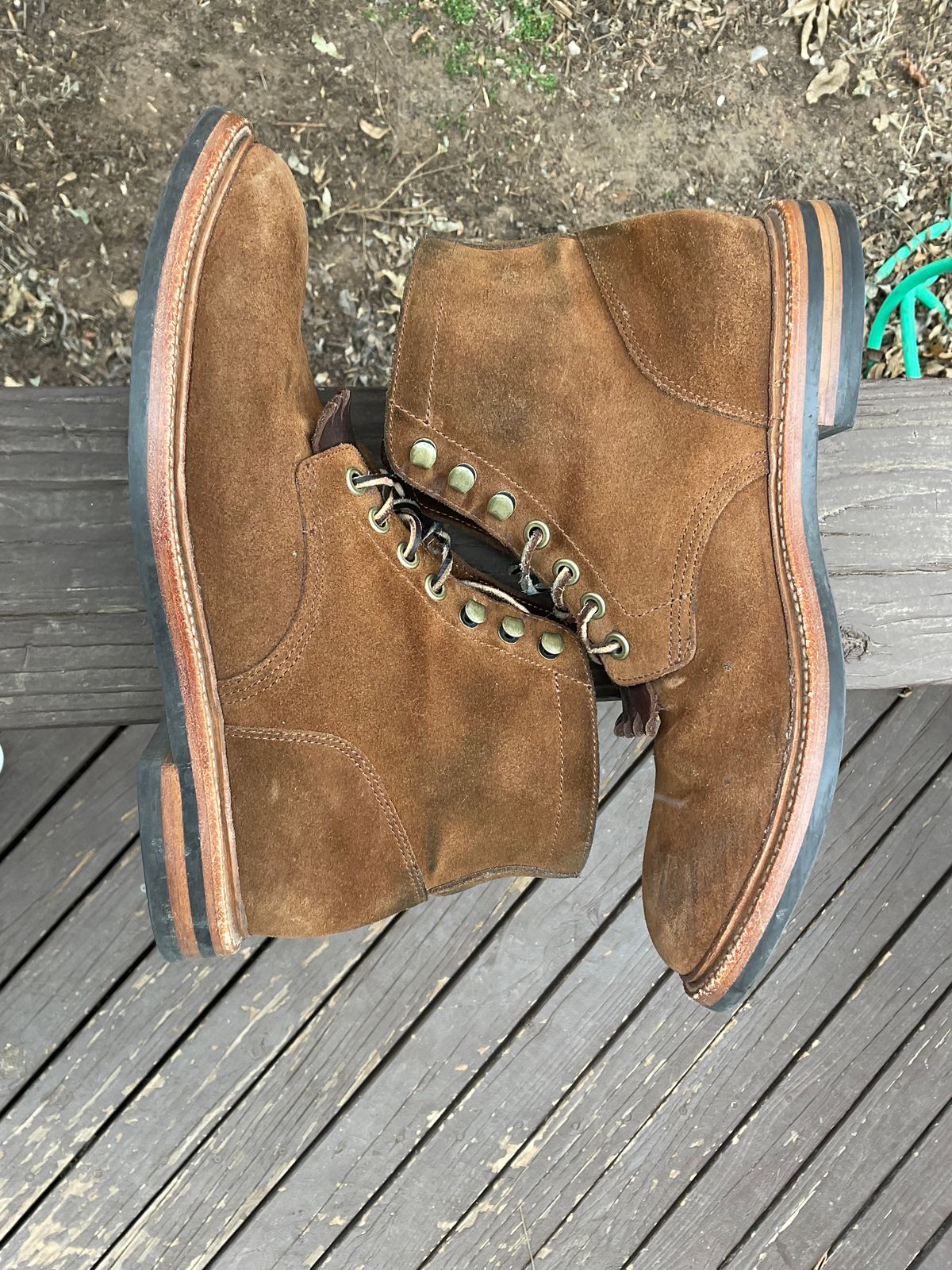 Photo by kenny_trill_kenny on February 2, 2023 of the Grant Stone Diesel Boot in C.F. Stead Bourbon Repello Calf Suede.