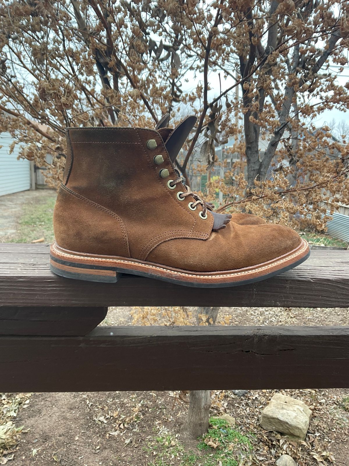 Photo by kenny_trill_kenny on February 2, 2023 of the Grant Stone Diesel Boot in C.F. Stead Bourbon Repello Calf Suede.