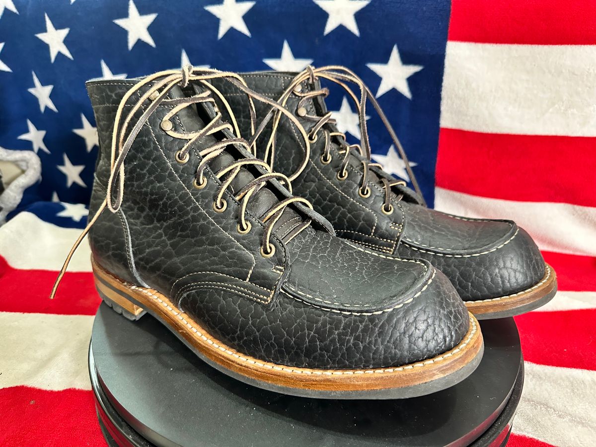 Photo by Stuville77 on May 20, 2024 of the Truman Moc Toe in Black Shrunken Bison.