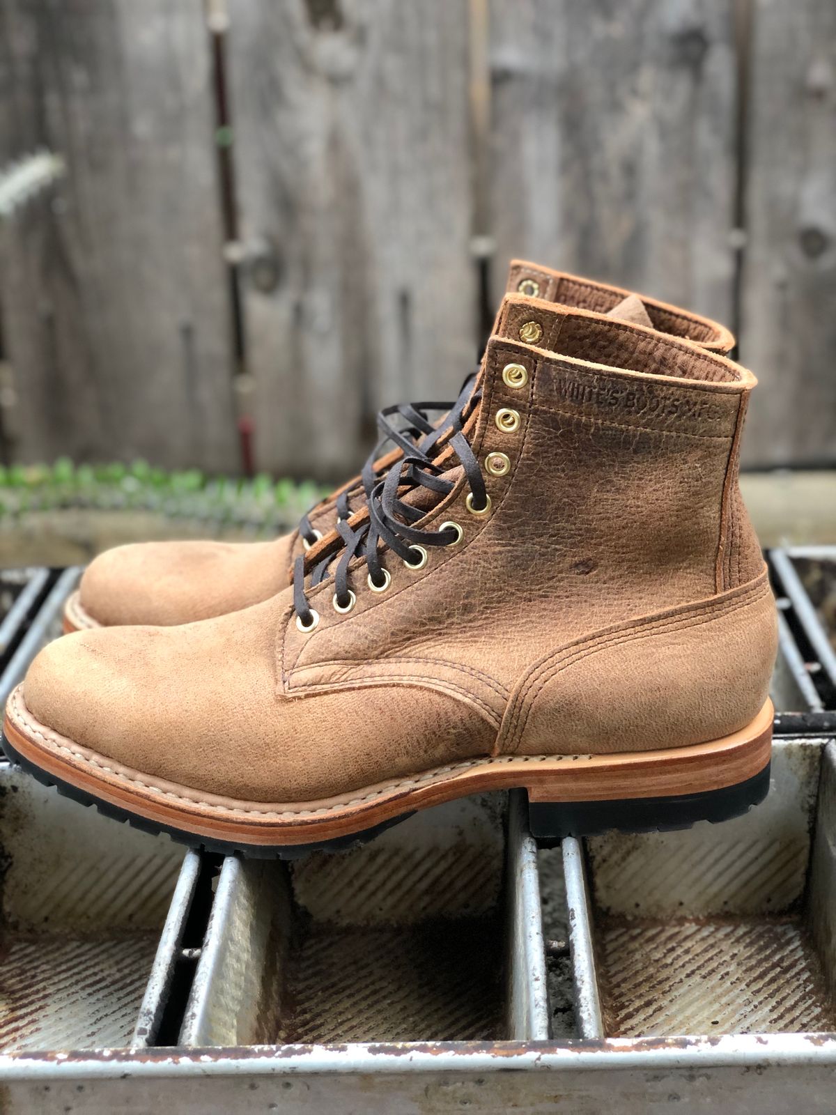 Photo by SierraLizard on October 1, 2023 of the White's MP-Sherman Plain Toe in New Rosewood Waxed Elk Unicorn.