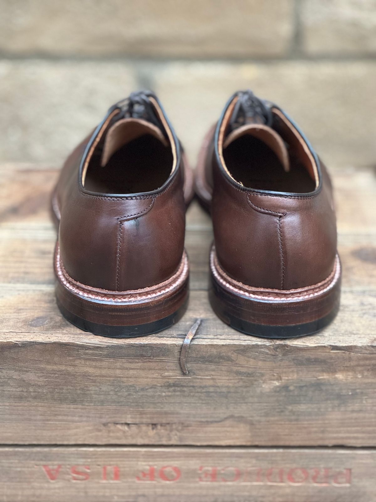 Photo by SierraLizard on October 6, 2024 of the Alden Plain Toe Blucher in Horween Brown Chromexcel.