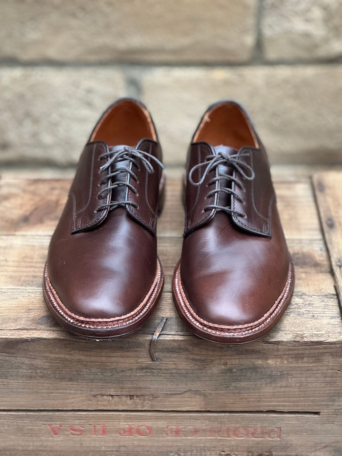 Photo by SierraLizard on October 6, 2024 of the Alden Plain Toe Blucher in Horween Brown Chromexcel.