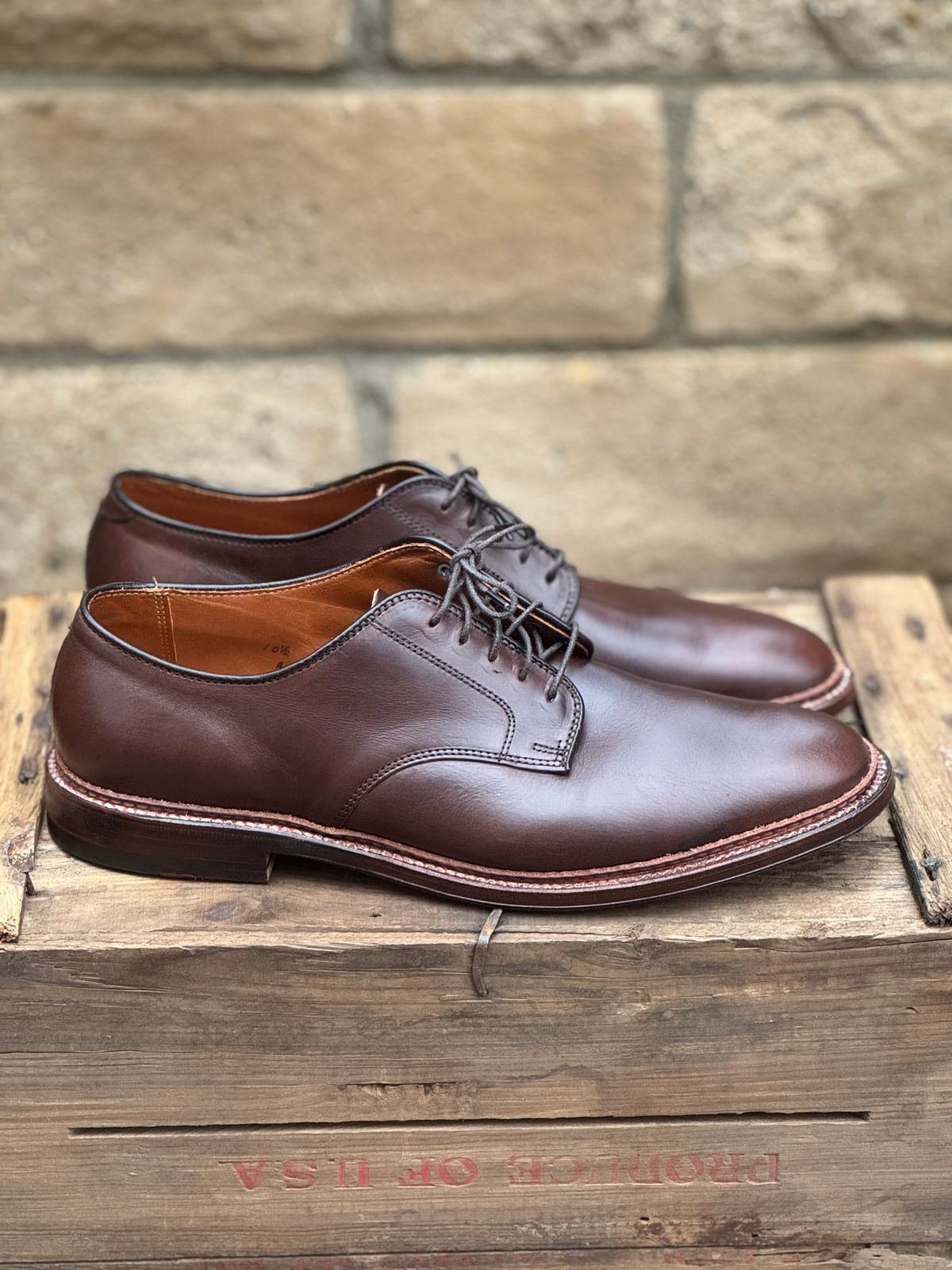 Photo by SierraLizard on October 6, 2024 of the Alden Plain Toe Blucher in Horween Brown Chromexcel.