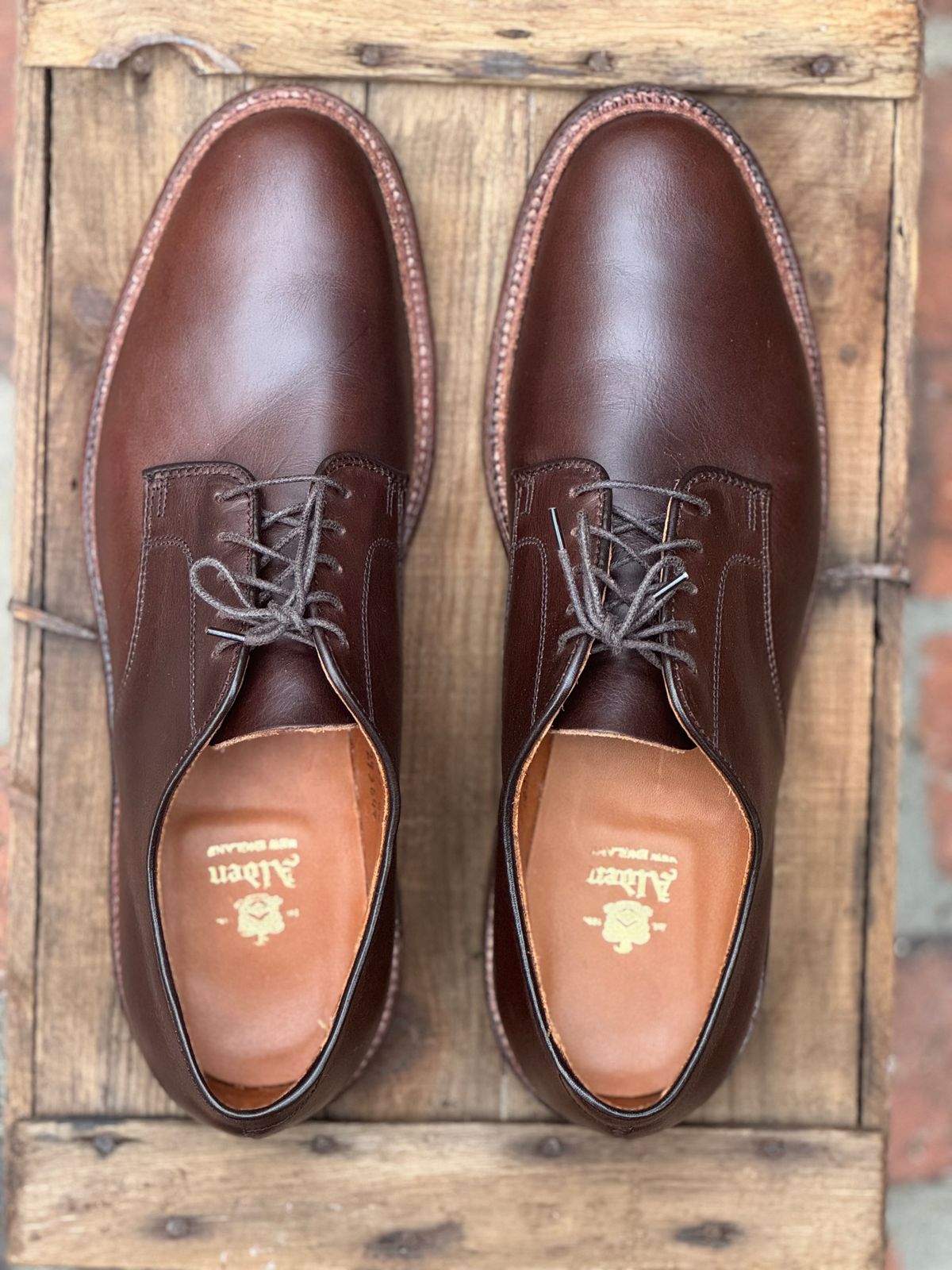 Photo by SierraLizard on October 6, 2024 of the Alden Plain Toe Blucher in Horween Brown Chromexcel.