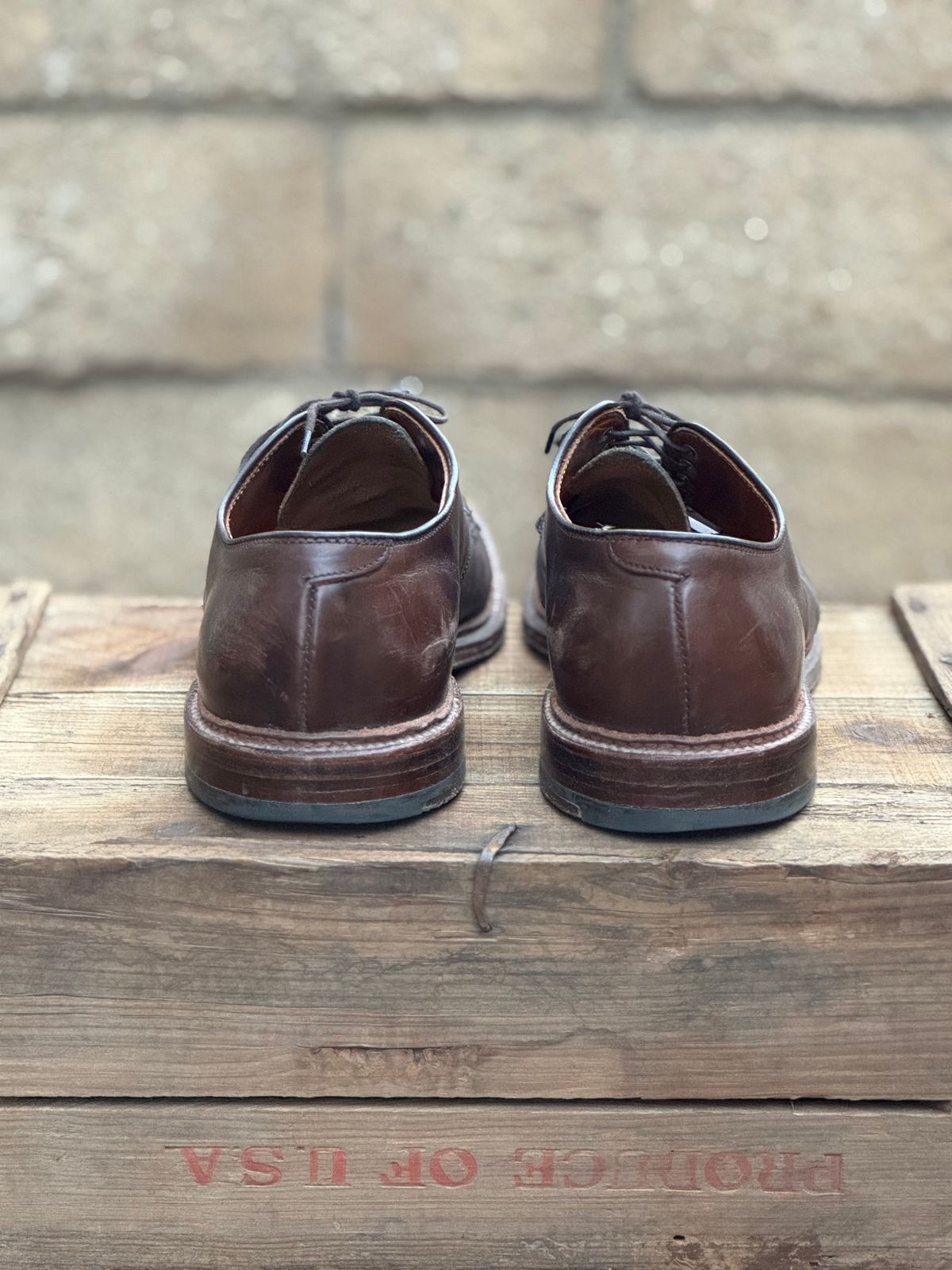 Photo by SierraLizard on December 4, 2024 of the Alden Plain Toe Blucher in Horween Brown Chromexcel.