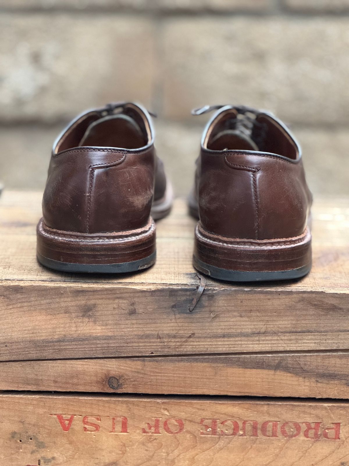 Photo by SierraLizard on January 4, 2025 of the Alden Plain Toe Blucher in Horween Brown Chromexcel.