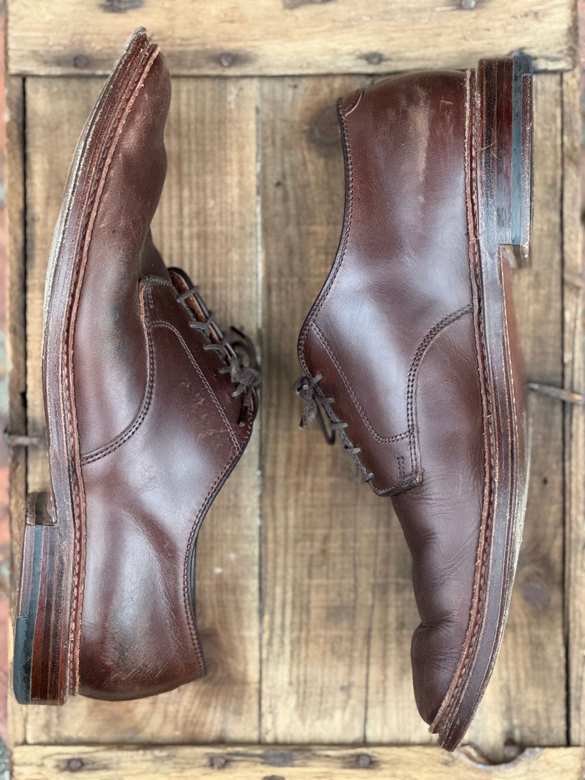 Photo by SierraLizard on January 4, 2025 of the Alden Plain Toe Blucher in Horween Brown Chromexcel.