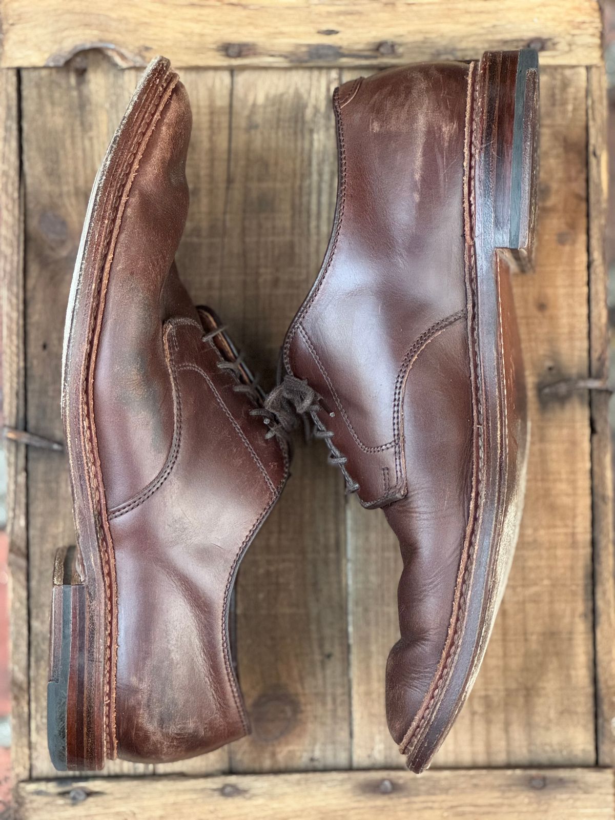 Photo by SierraLizard on March 1, 2025 of the Alden Plain Toe Blucher in Horween Brown Chromexcel.