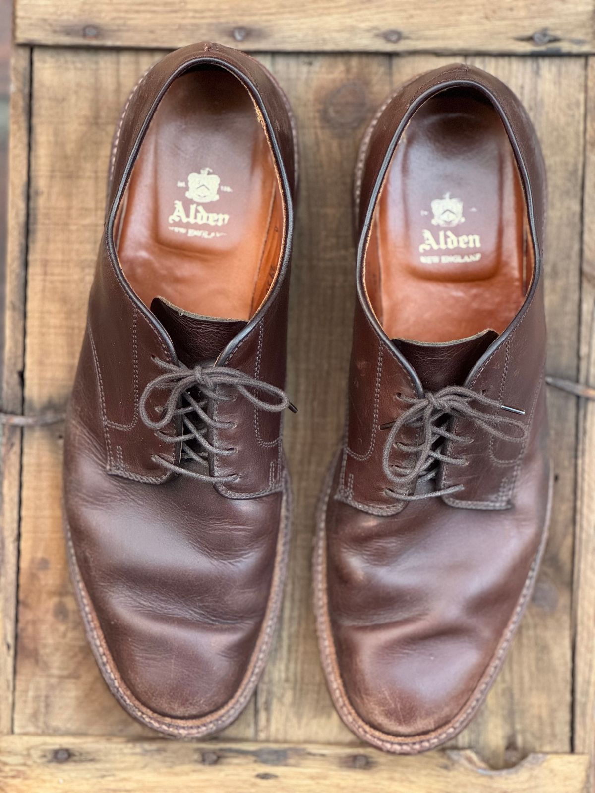 Photo by SierraLizard on March 1, 2025 of the Alden Plain Toe Blucher in Horween Brown Chromexcel.