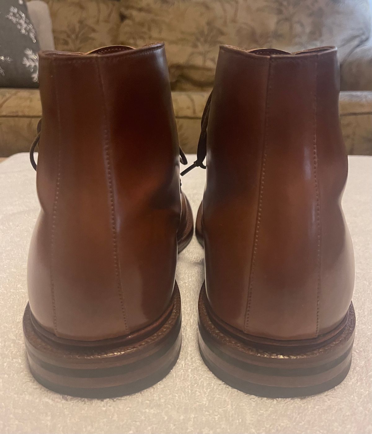 Photo by serviceadvisorwalking on November 1, 2022 of the Grant Stone Edward Boot in Horween Honey Glazed Shell Cordovan.