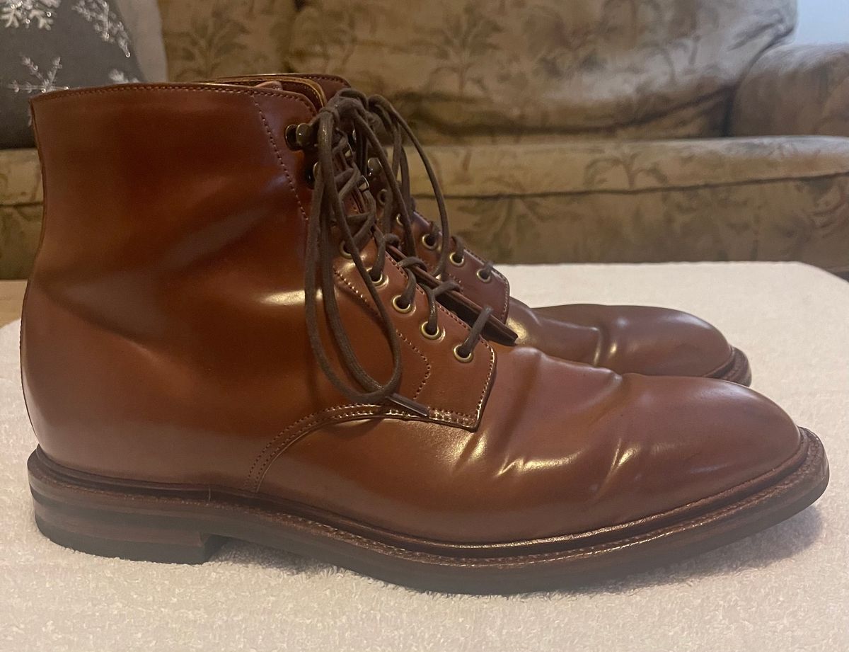 Photo by serviceadvisorwalking on November 1, 2022 of the Grant Stone Edward Boot in Horween Honey Glazed Shell Cordovan.
