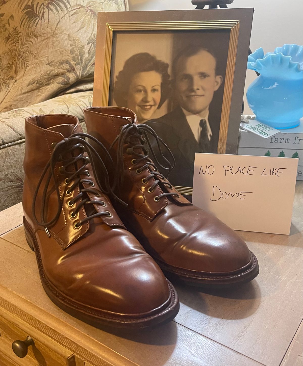 Photo by serviceadvisorwalking on November 1, 2022 of the Grant Stone Edward Boot in Horween Honey Glazed Shell Cordovan.