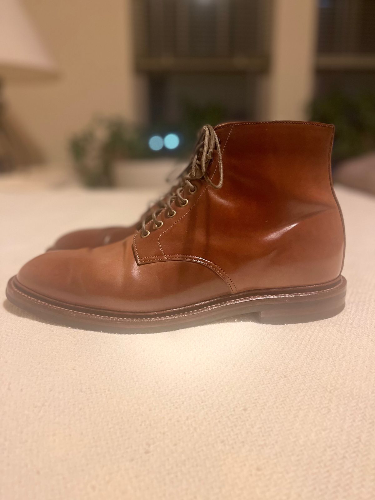 Photo by serviceadvisorwalking on January 5, 2023 of the Grant Stone Edward Boot in Horween Honey Glazed Shell Cordovan.