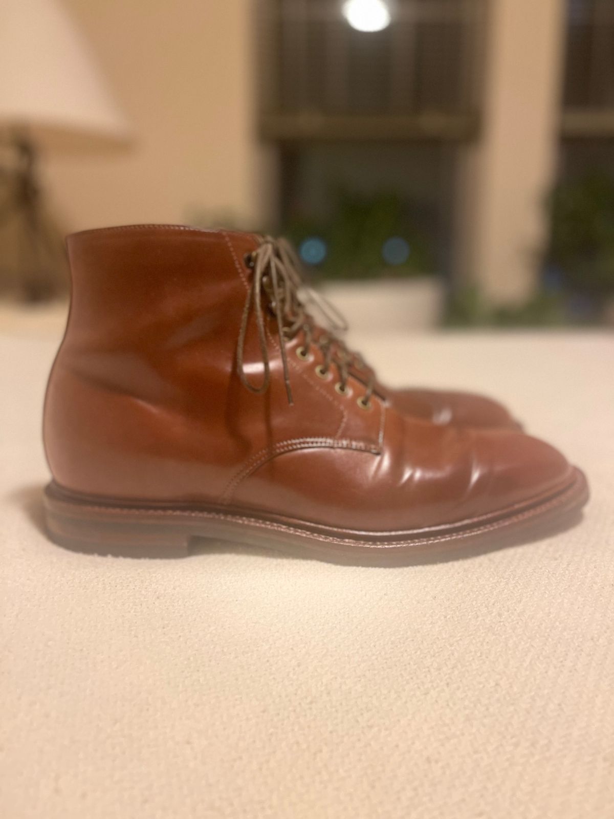 Photo by serviceadvisorwalking on January 5, 2023 of the Grant Stone Edward Boot in Horween Honey Glazed Shell Cordovan.