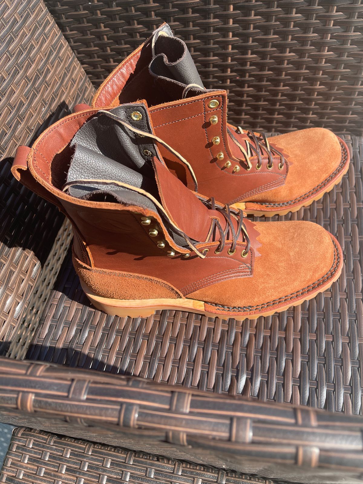 Photo by Eazydoesit on July 17, 2023 of the JK Boots O.T. in Seidel Redwood Oil Tan Roughout.