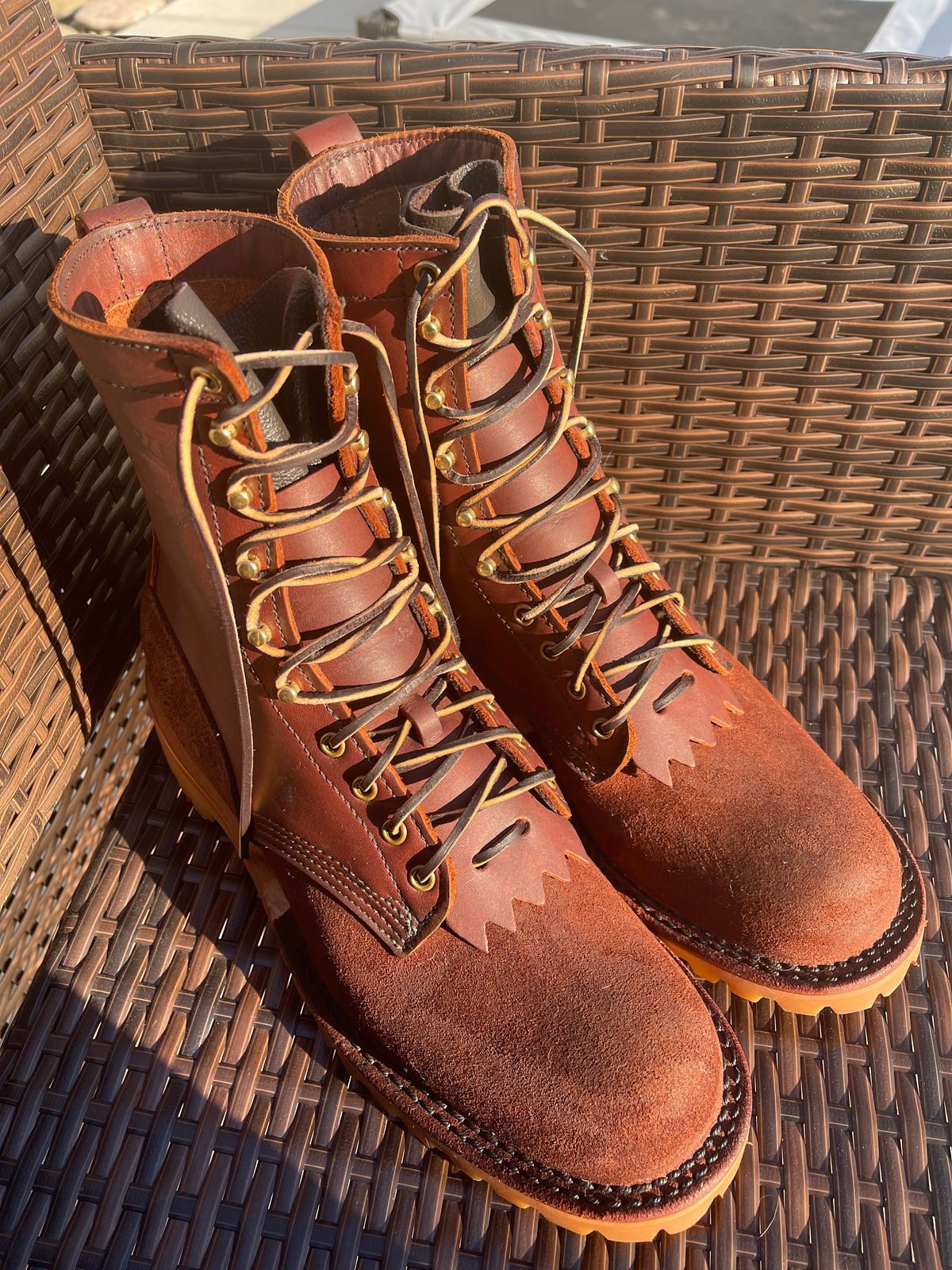 Photo by Eazydoesit on July 18, 2023 of the JK Boots O.T. in Seidel Redwood Oil Tan Roughout.