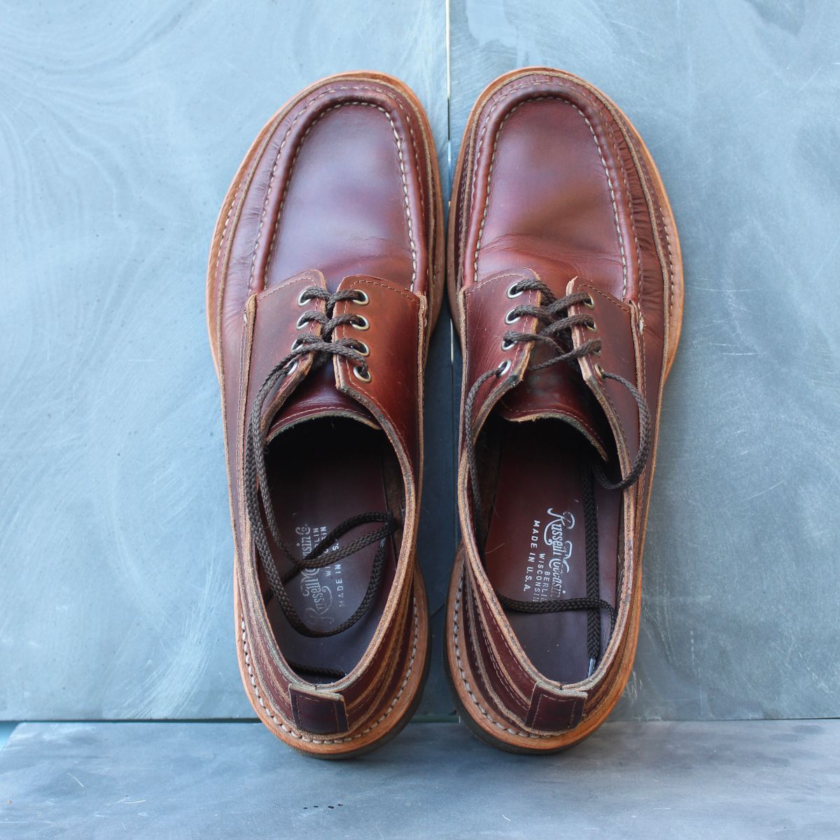 Photo by polishengineering on November 4, 2025 of the Russell Moccasin Co. Fishing Oxford in Seidel British Tan Double Shot.