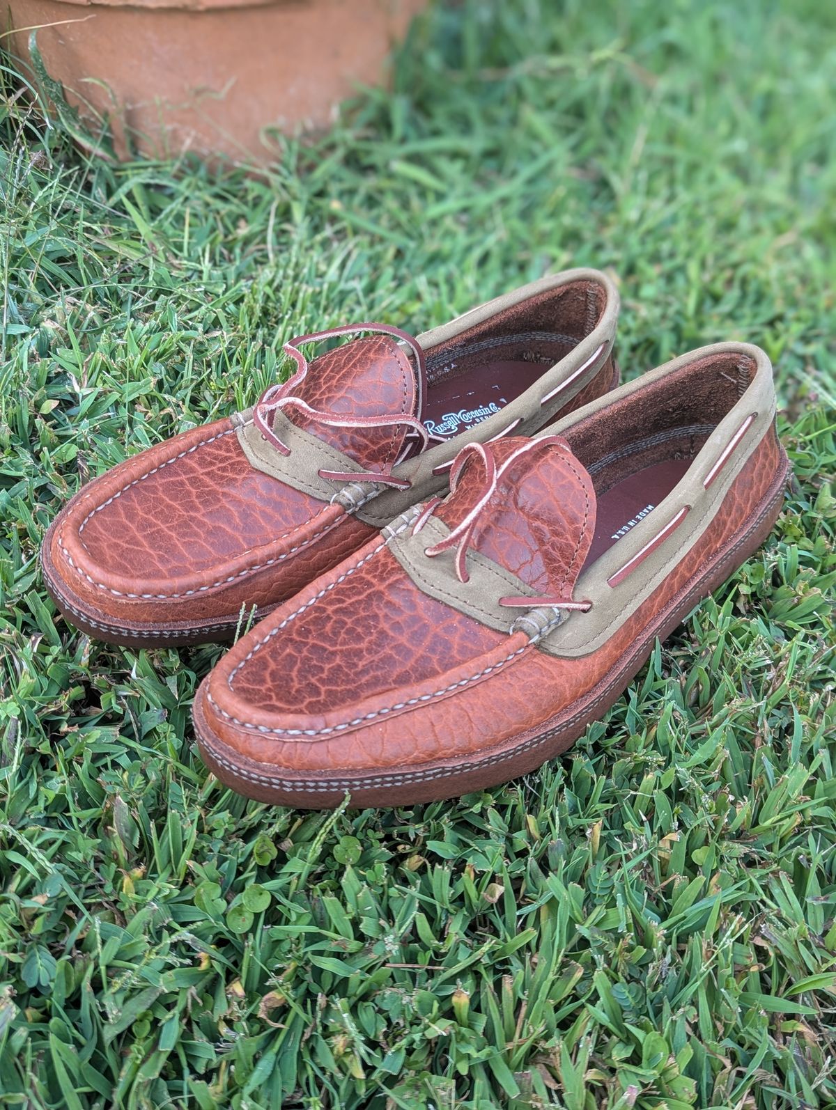 Photo by polishengineering on October 4, 2025 of the Russell Moccasin Co. Oneida in Law Tanning Cognac Shrunken Bison & S.B. Foot Sage Chamois.