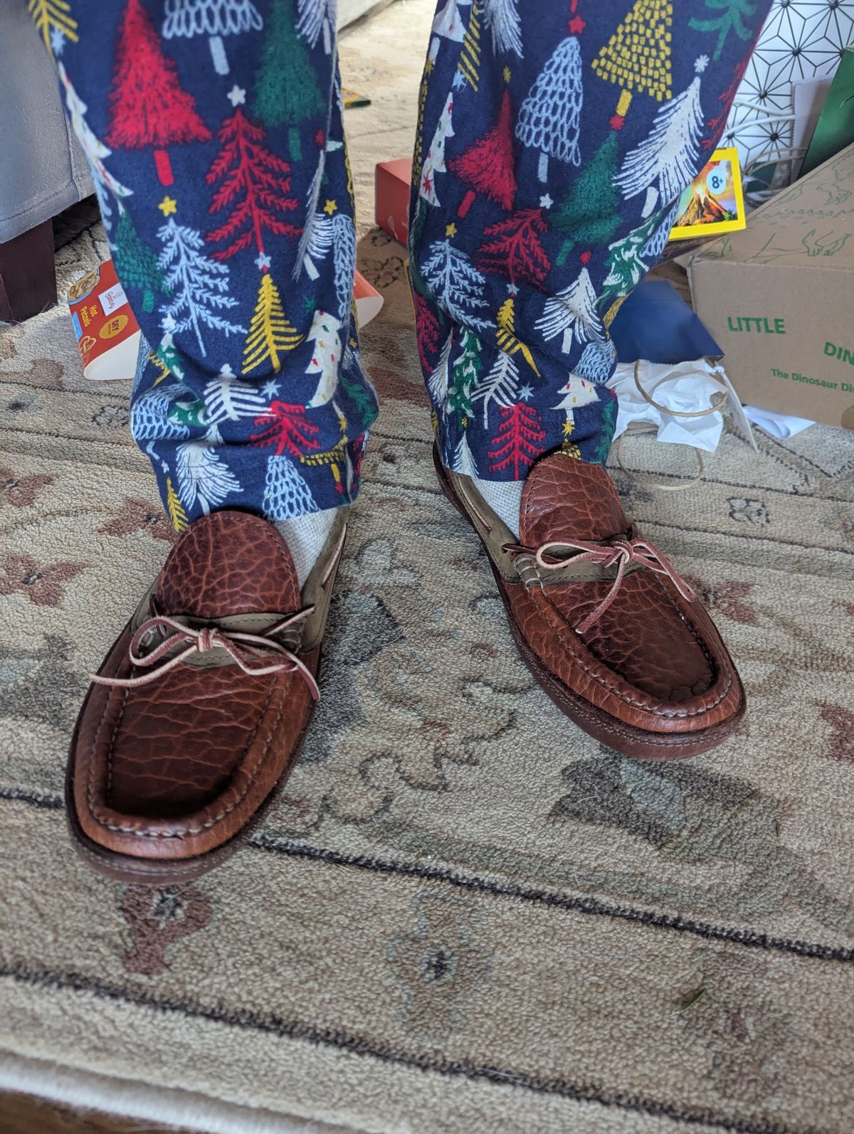 Photo by polishengineering on December 25, 2025 of the Russell Moccasin Co. Oneida in Law Tanning Cognac Shrunken Bison & S.B. Foot Sage Chamois.