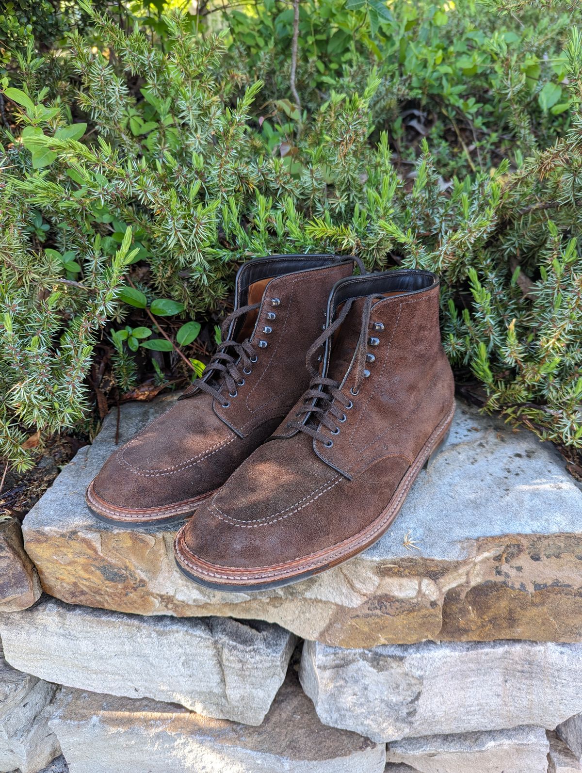 Photo by polishengineering on April 21, 2024 of the Alden Indy Boot in Horween Tobacco Chamois Roughout.
