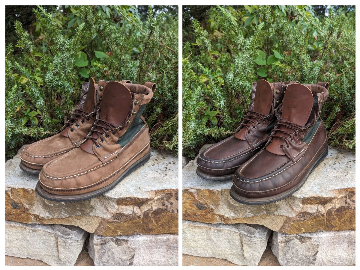 Photo by polishengineering on September 15, 2023 of the Russell Moccasin Co. Joe's PH in Horween Rust Chamois.