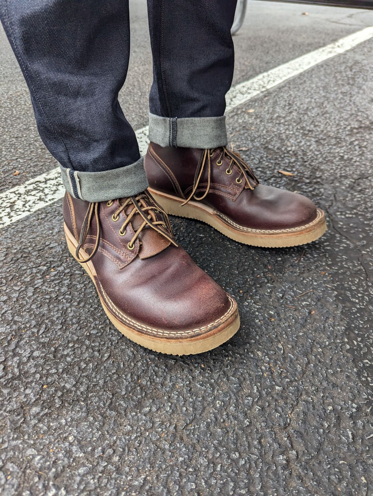 Photo by polishengineering on November 4, 2024 of the Nicks Lace Up Heritage in Horween Tan Waxed Flesh.