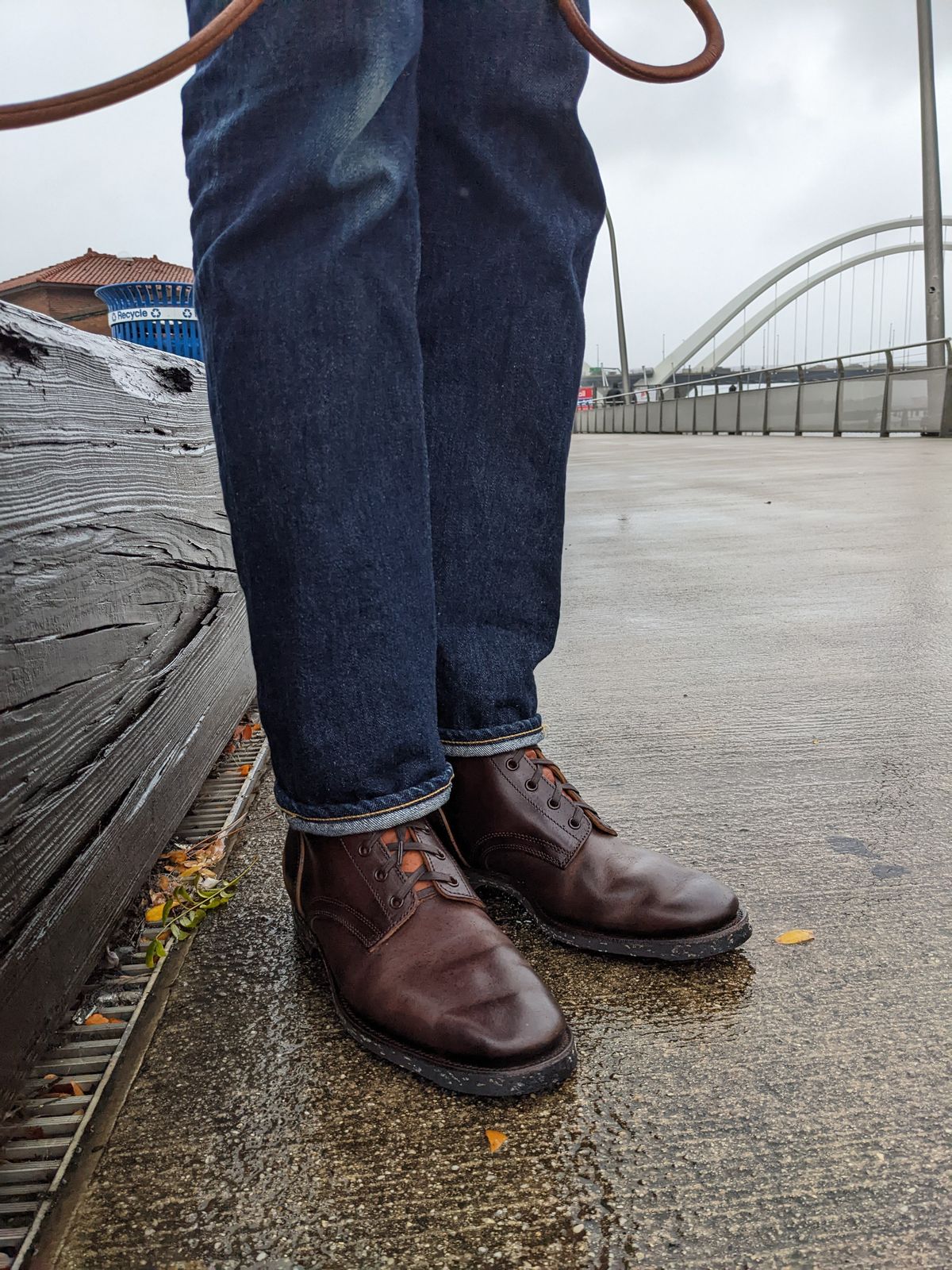 Photo by looking.down_ on October 3, 2022 of the Clinch Yeager Boots in Brown-Overdyed Horsebutt.