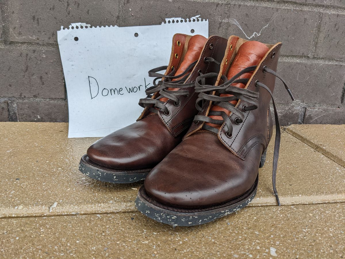 Photo by looking.down_ on October 3, 2022 of the Clinch Yeager Boots in Brown-Overdyed Horsebutt.