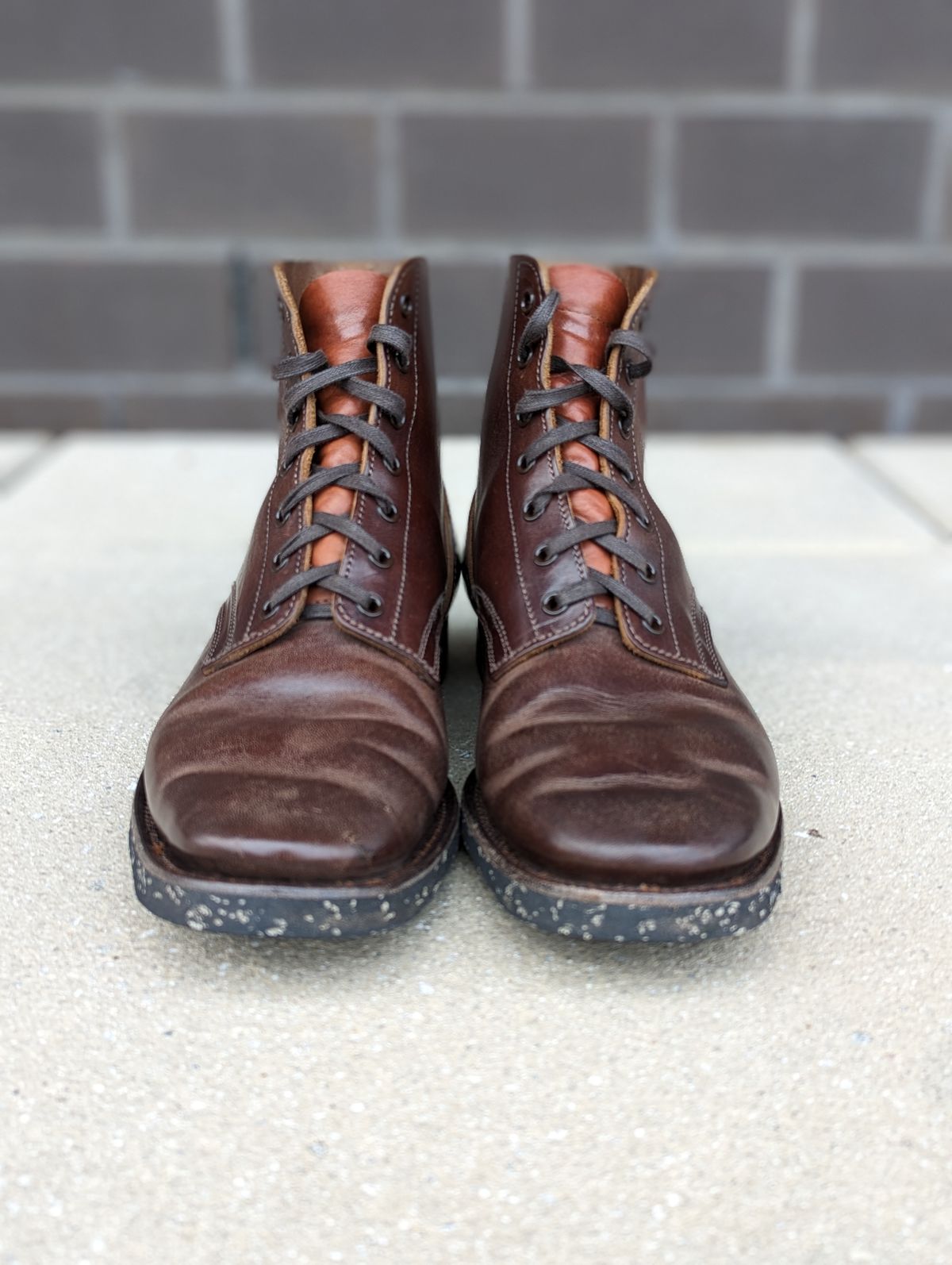 Photo by looking.down_ on November 1, 2022 of the Clinch Yeager Boots in Brown-Overdyed Horsebutt.